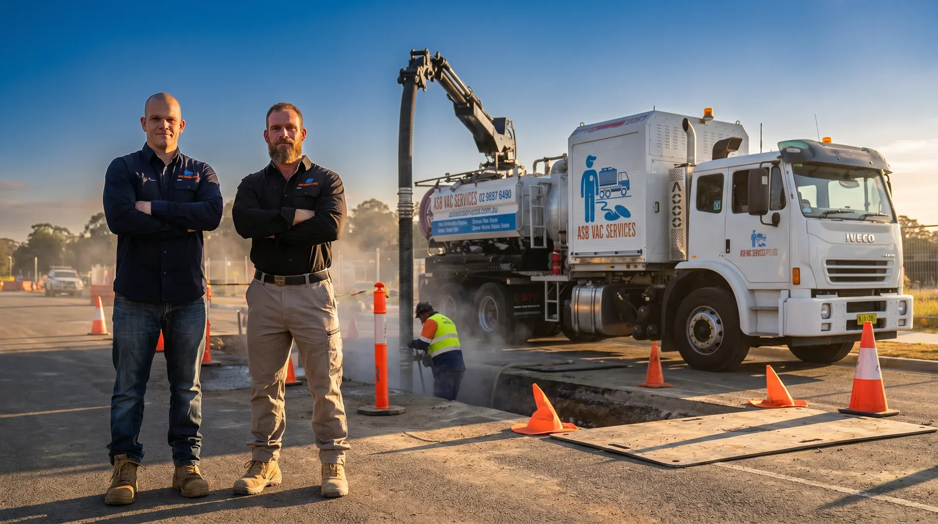 Steven and Alen Bilich — founders of ASB Vac Services — on site with ASB vacuum truck