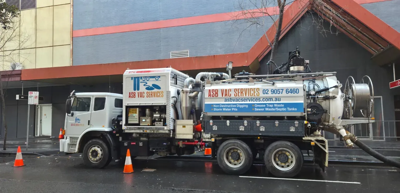 ASB Vac Services vacuum truck servicing a commercial site in the Sydney CBD